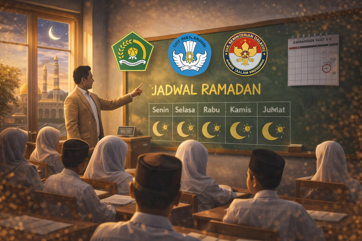 Suasana kelas sekolah dengan jam belajar yang disesuaikan selama Ramadan 1447 H