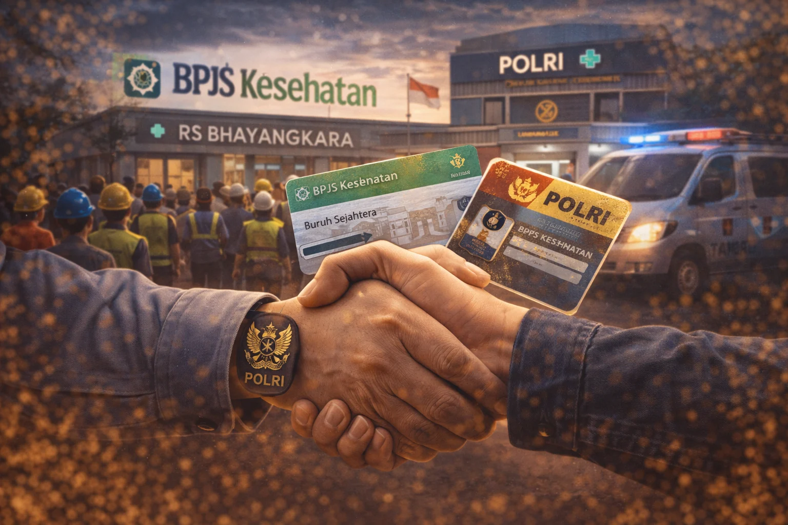 Ilustrasi buruh antre layanan kesehatan di fasilitas umum