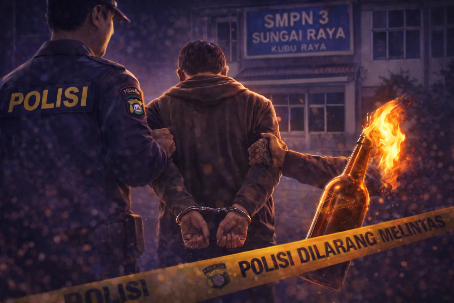 Polisi mengamankan lokasi dan tersangka diduga pelaku pelemparan bom molotov di SMPN 3 Sungai Raya, Kubu Raya.