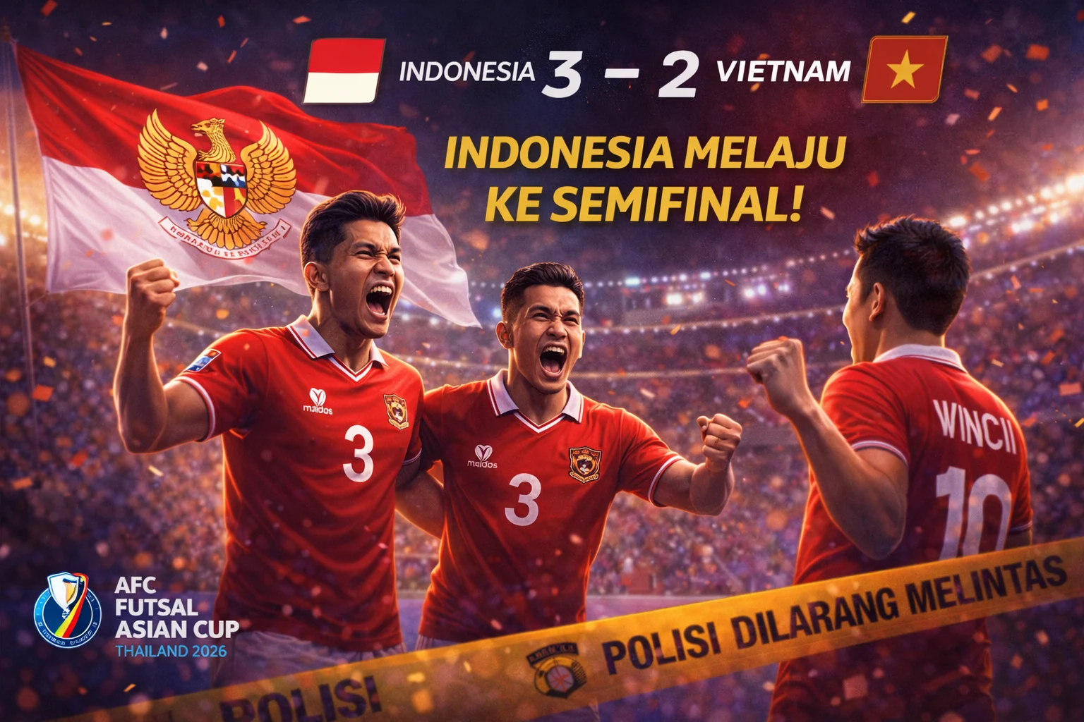 Pemain Timnas Futsal Indonesia selebrasi usai mencetak gol saat menang 3-2 atas Vietnam di perempat final Piala Asia Futsal 2026.