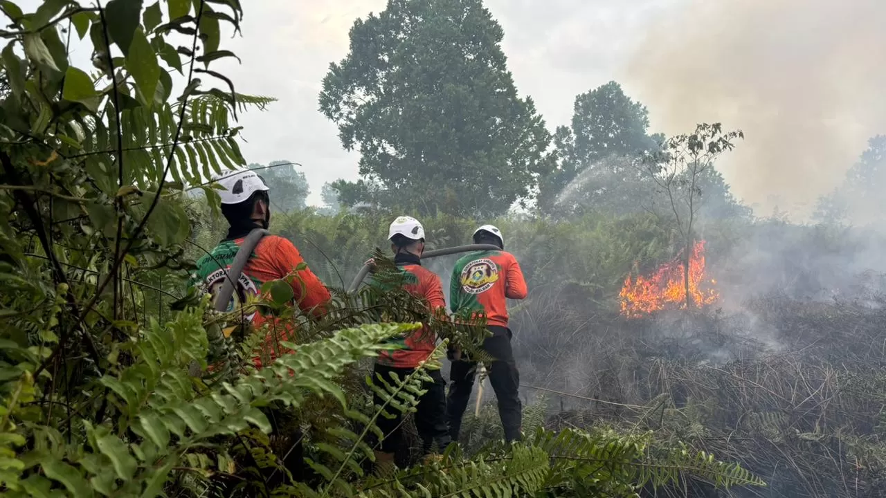 Personel Tim SAR Direktorat Samapta Polda Kalbar melakukan pemadaman dan pendinginan lahan pada titik karhutla di kawasan Parit Toom, Kecamatan Rasau Jaya, Kabupaten Kubu Raya,