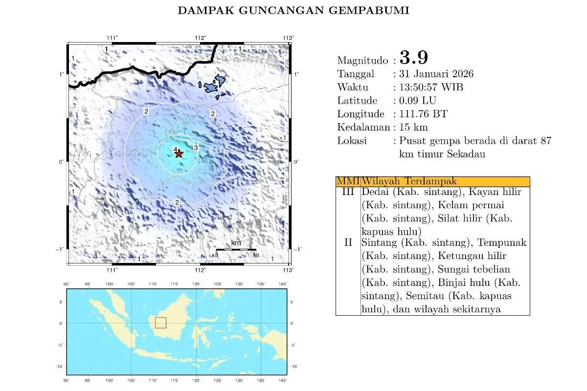 Peta episenter gempa bumi magnitudo 3,9 di Kabupaten Sintang, Kalimantan Barat berdasarkan data BMKG.