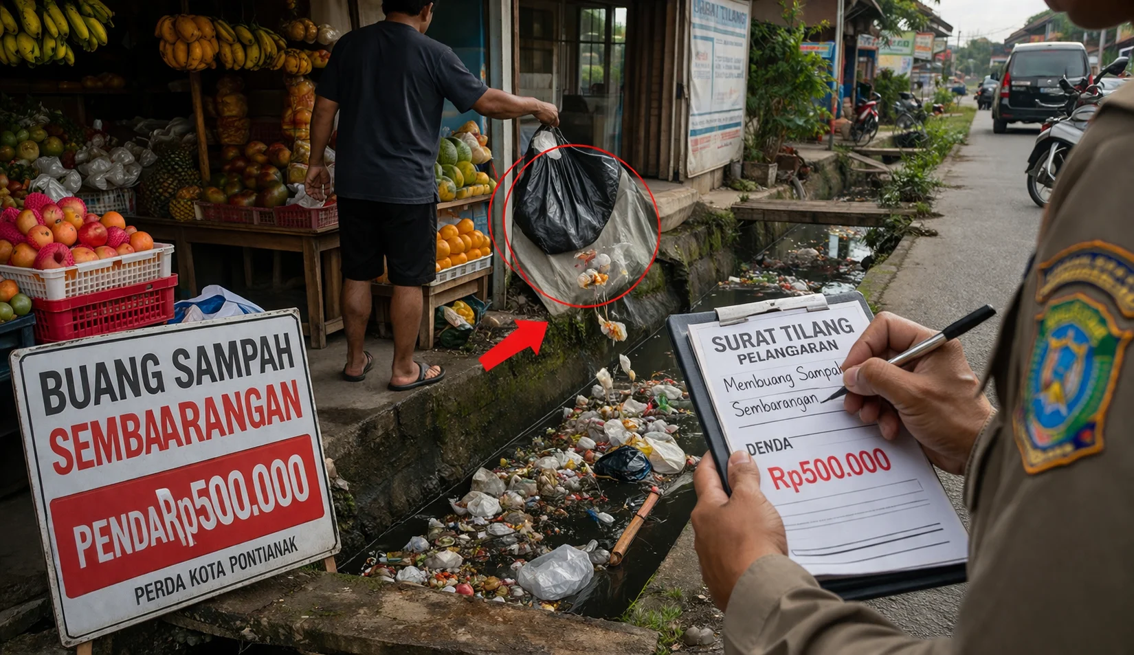 petugas satpol pp menindak pelaku buang sampah ke parit di pontianak