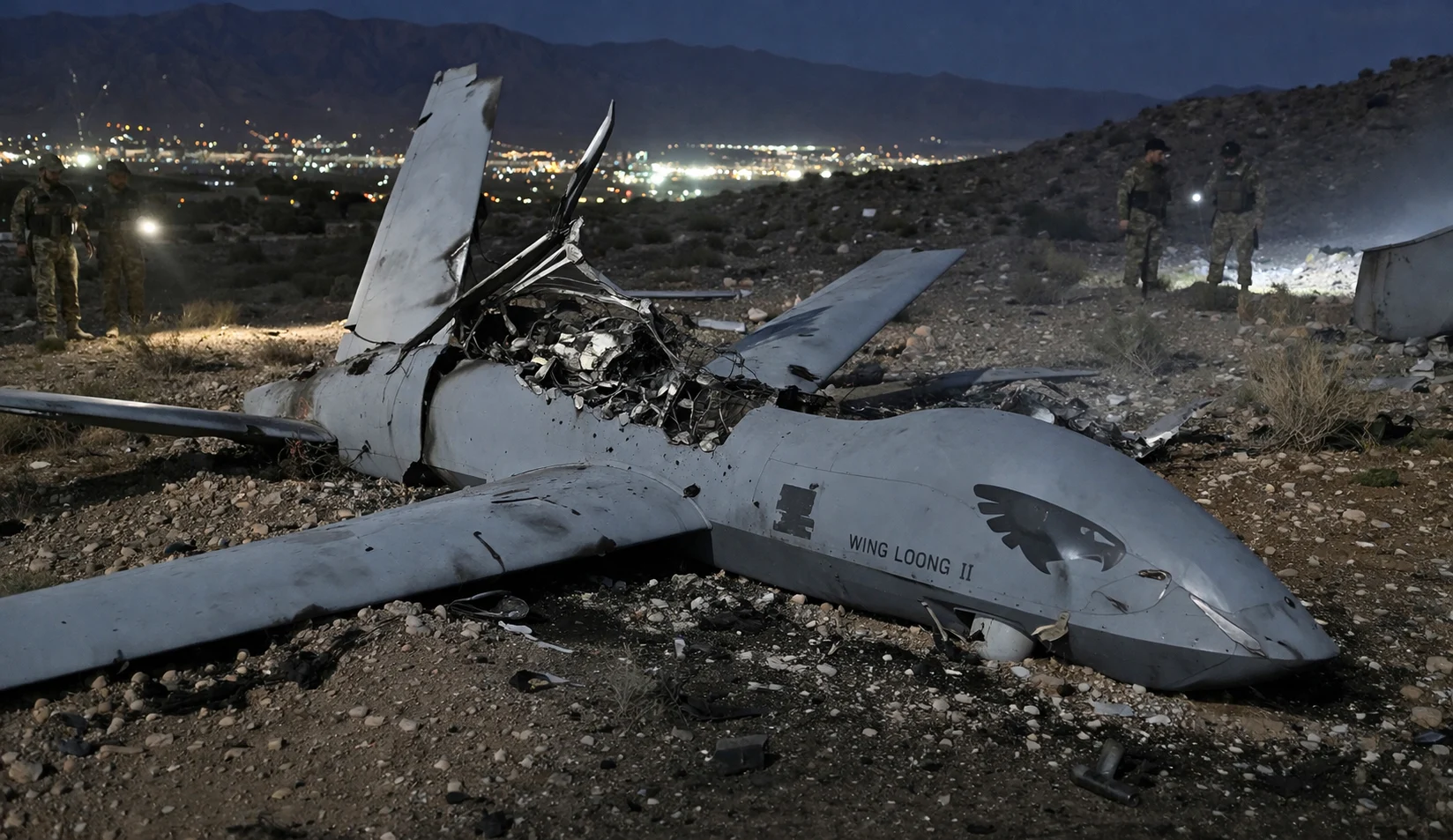 Puing drone Wing Loong II buatan China yang ditembak jatuh Iran di wilayah Shiraz