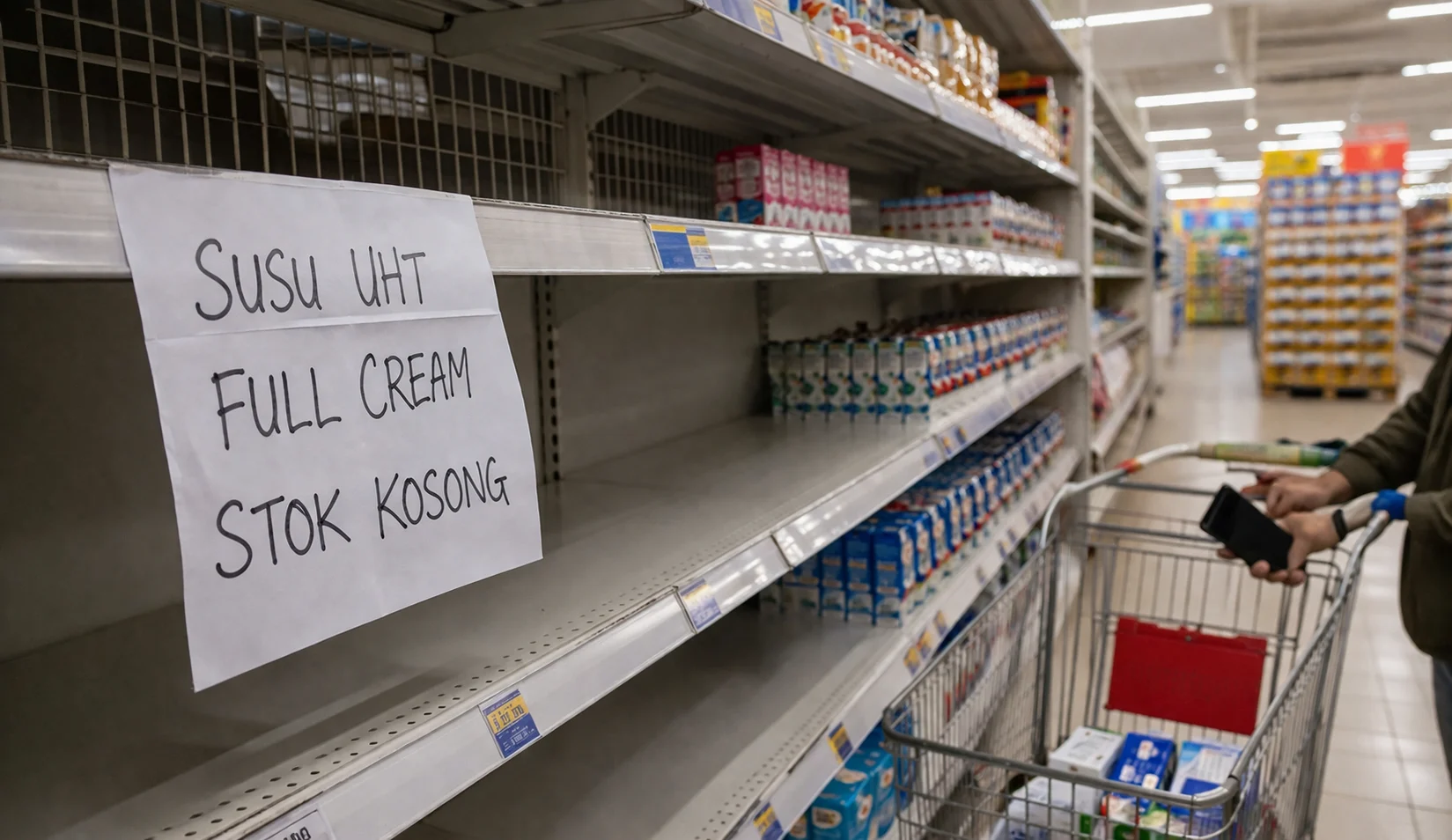 rak supermarket kosong susu UHT di Pontianak