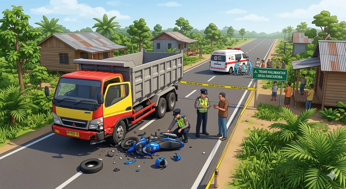 Petugas Satlantas Polres Kubu Raya melakukan olah TKP kecelakaan maut di Jalan Trans Kalimantan Desa Pancaroba