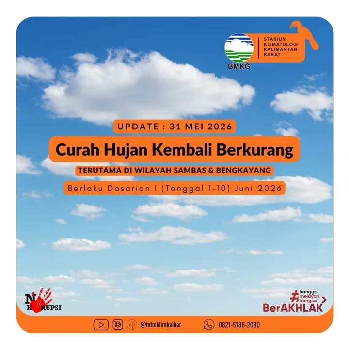 BMKG memprediksi curah hujan di Kalimantan Barat mulai menurun pada Juni 2026