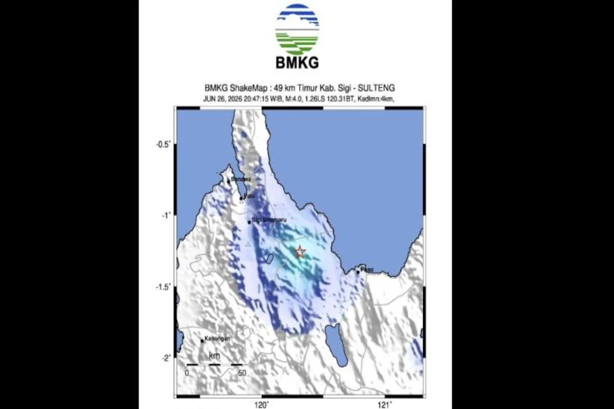 Peta BMKG menunjukkan pusat gempa Magnitudo 4,0 di Kabupaten Sigi, Sulawesi Tengah.