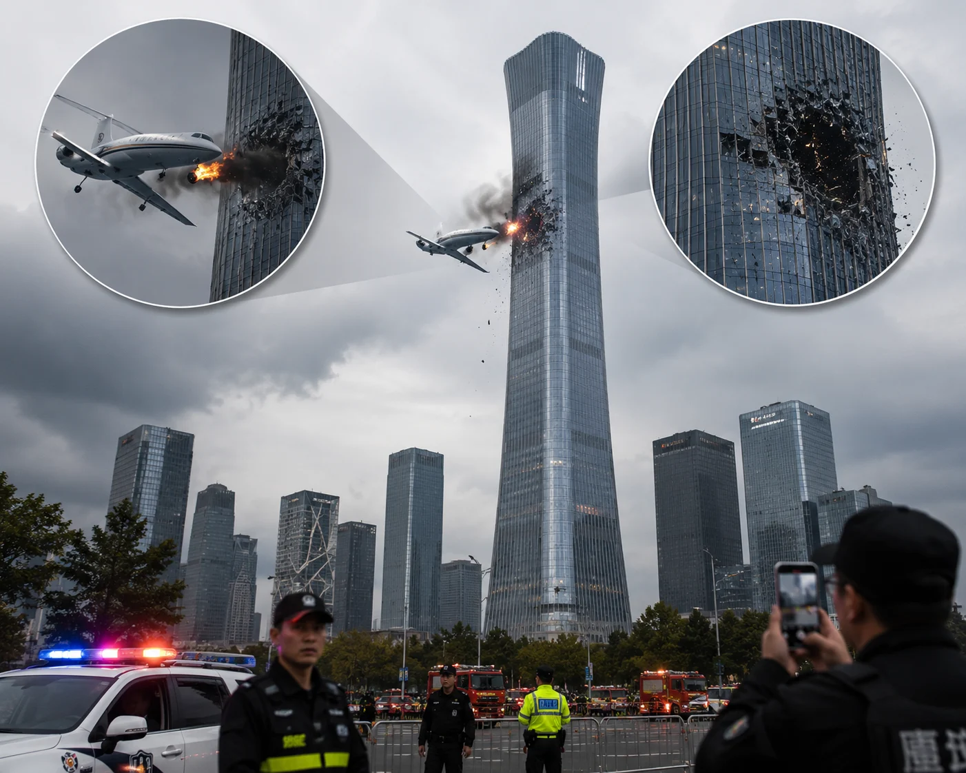 Pesawat kecil menabrak CITIC Tower di Beijing hingga menyebabkan kaca gedung pecah dan puing berjatuhan.
