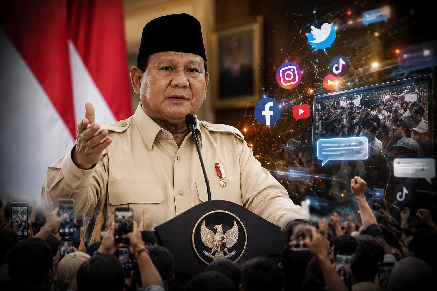 Presiden Prabowo Subianto menyampaikan pidato mengenai keterbukaan pemerintah terhadap aspirasi masyarakat melalui media sosial.