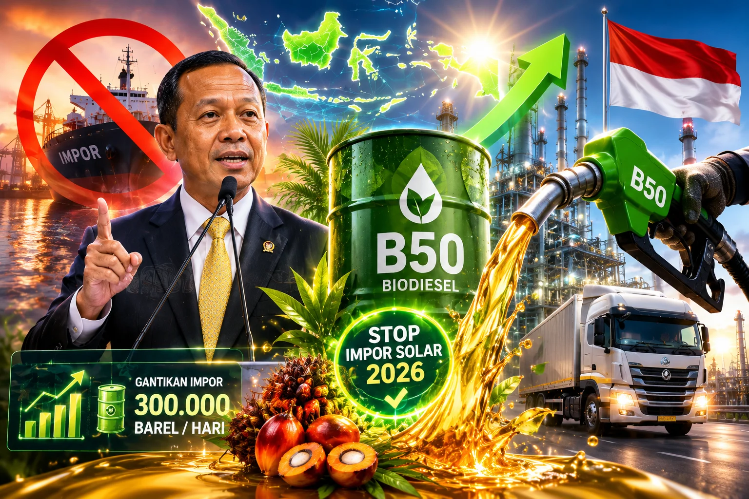 Bahlil Lahadalia menyatakan Indonesia akan menghentikan impor solar mulai 2026 seiring mandatori B50.