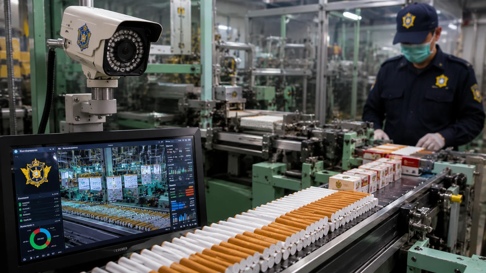Petugas melakukan pengawasan produksi rokok di pabrik menggunakan sistem pemantauan digital.