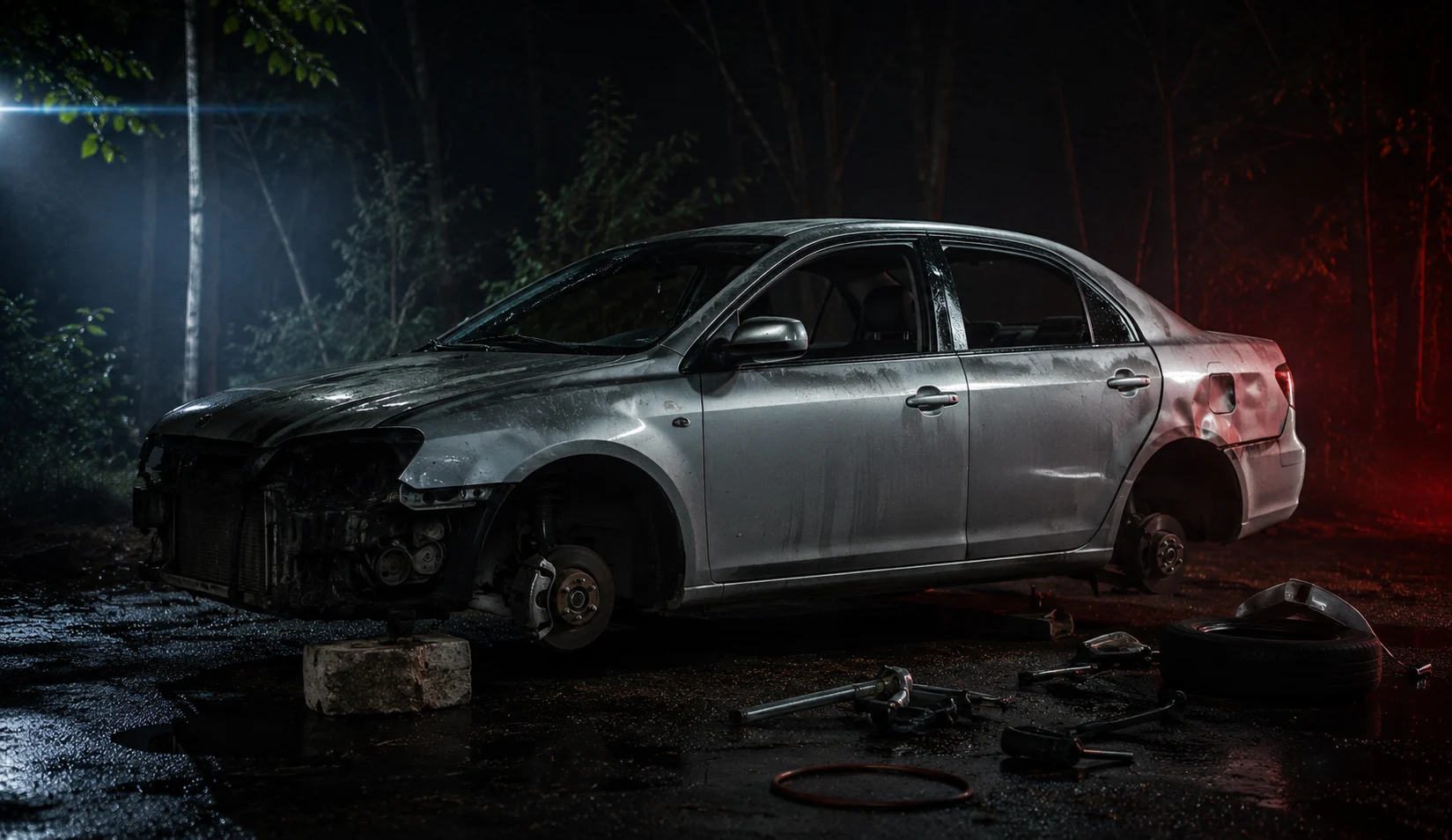 Mobil Daihatsu Ayla yang kehilangan sejumlah komponen setelah ditinggal pemiliknya usai mengalami kecelakaan di Sintang.