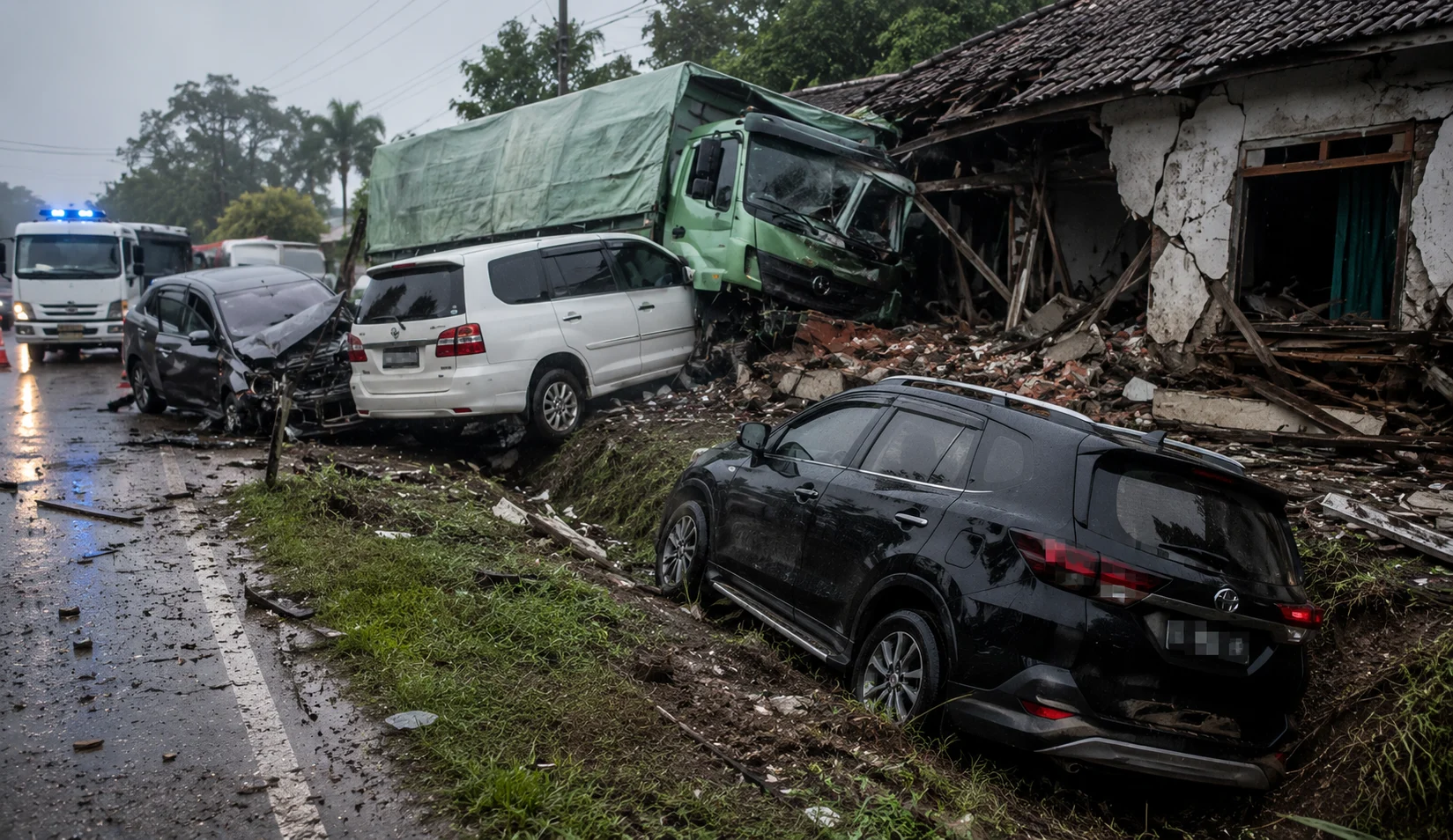 Petugas mengevakuasi kendaraan yang terlibat tabrakan beruntun di Jalan Trans Kalimantan Kubu Raya.