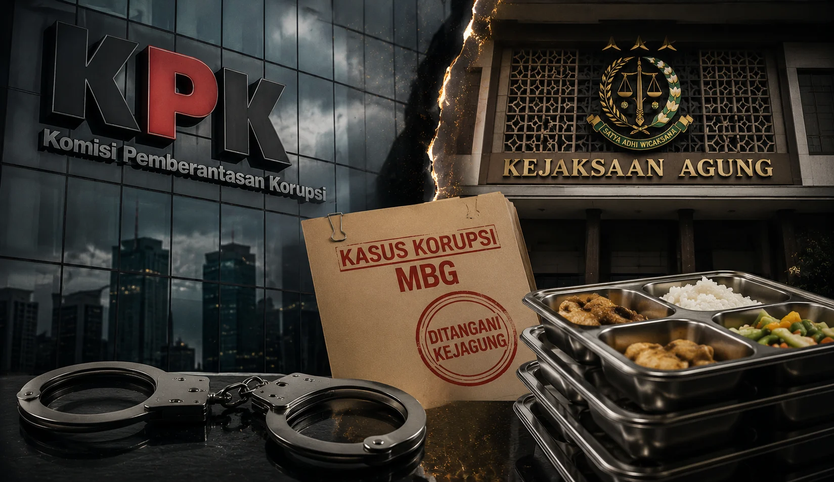 Gedung KPK dan Kejaksaan Agung terkait penanganan kasus dugaan korupsi Program Makan Bergizi Gratis.