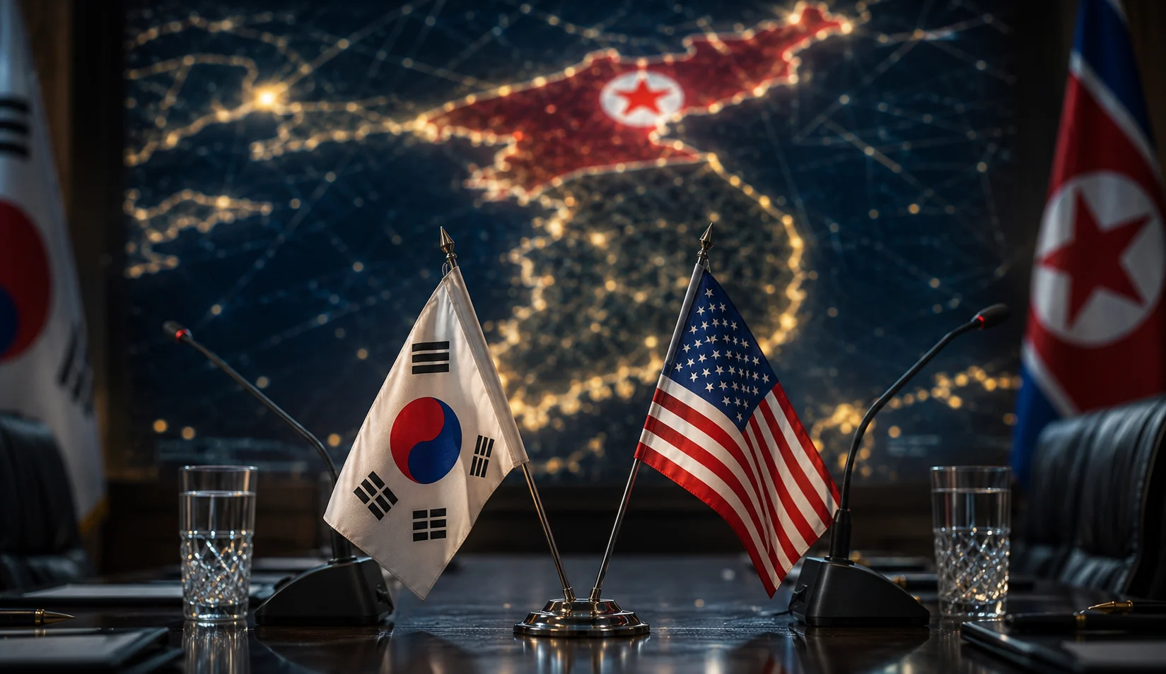 Ilustrasi Presiden AS Donald Trump dan situasi geopolitik di Semenanjung Korea.