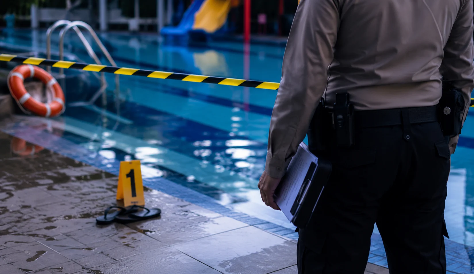 Polisi melakukan olah TKP di kolam renang Sambas usai bocah perempuan 7 tahun meninggal dunia.