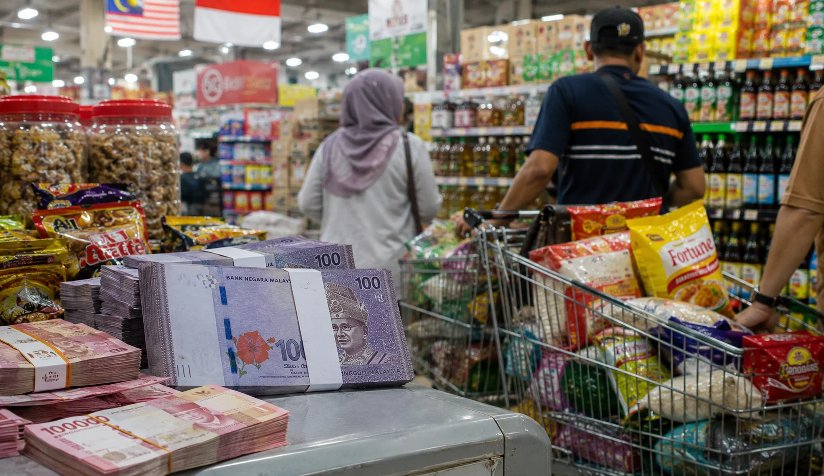 Suasana aktivitas transaksi di pasar perbatasan saat kurs 1 Ringgit tembus Rp4.500 warga Malaysia ramai berbelanja produk lokal Kalbar.