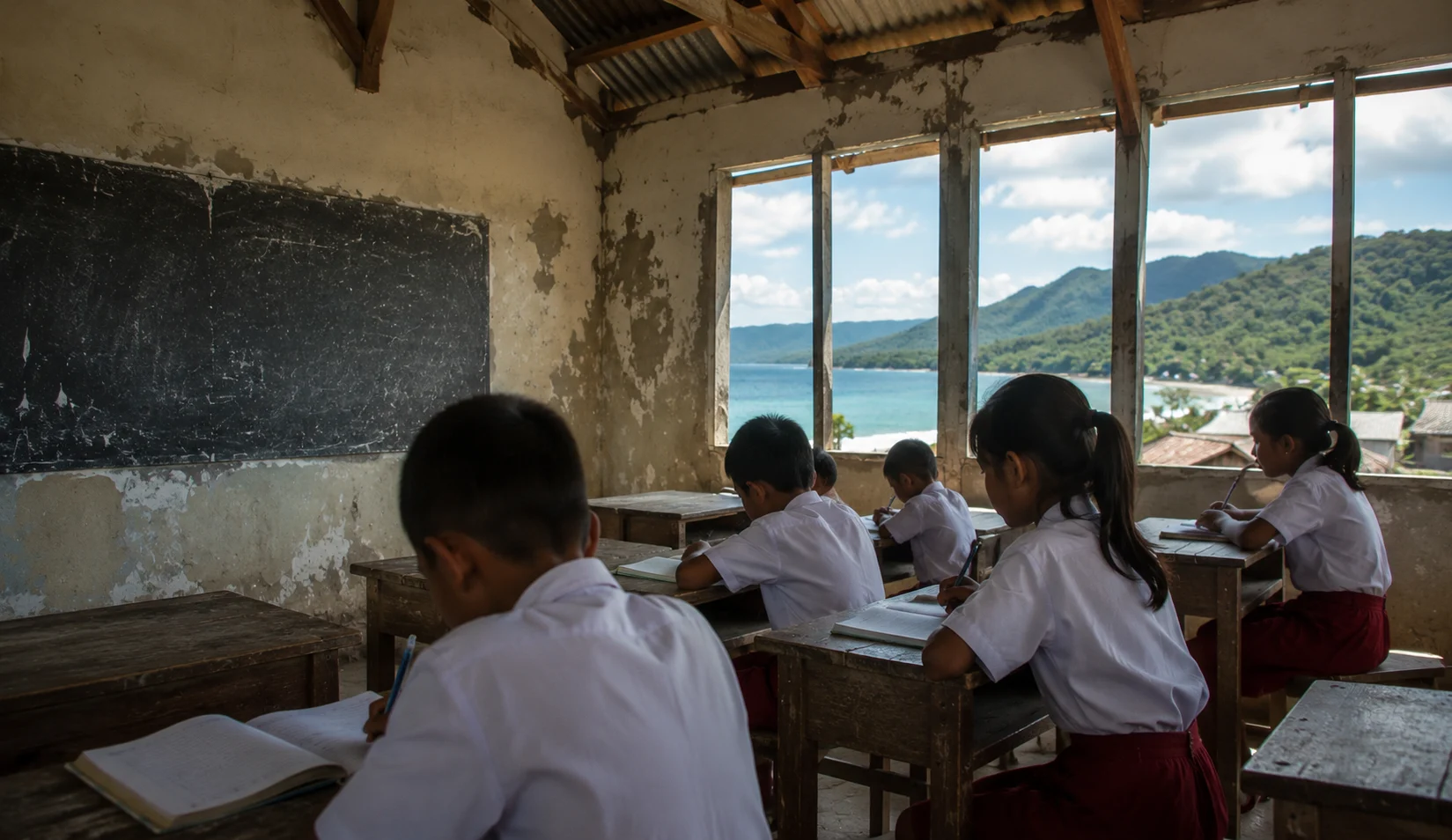 Potret kondisi ruang kelas yang memprihatinkan saat sejumlah siswa Malut keluhkan nihilnya fasilitas penunjang belajar yang layak di sekolah.