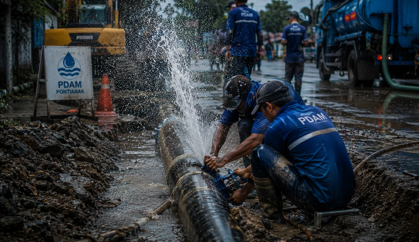 Petugas teknis Perumda Tirta Khatulistiwa saat melakukan pengelasan di lokasi ketika PDAM Pontianak update perbaikan pipa bocor.