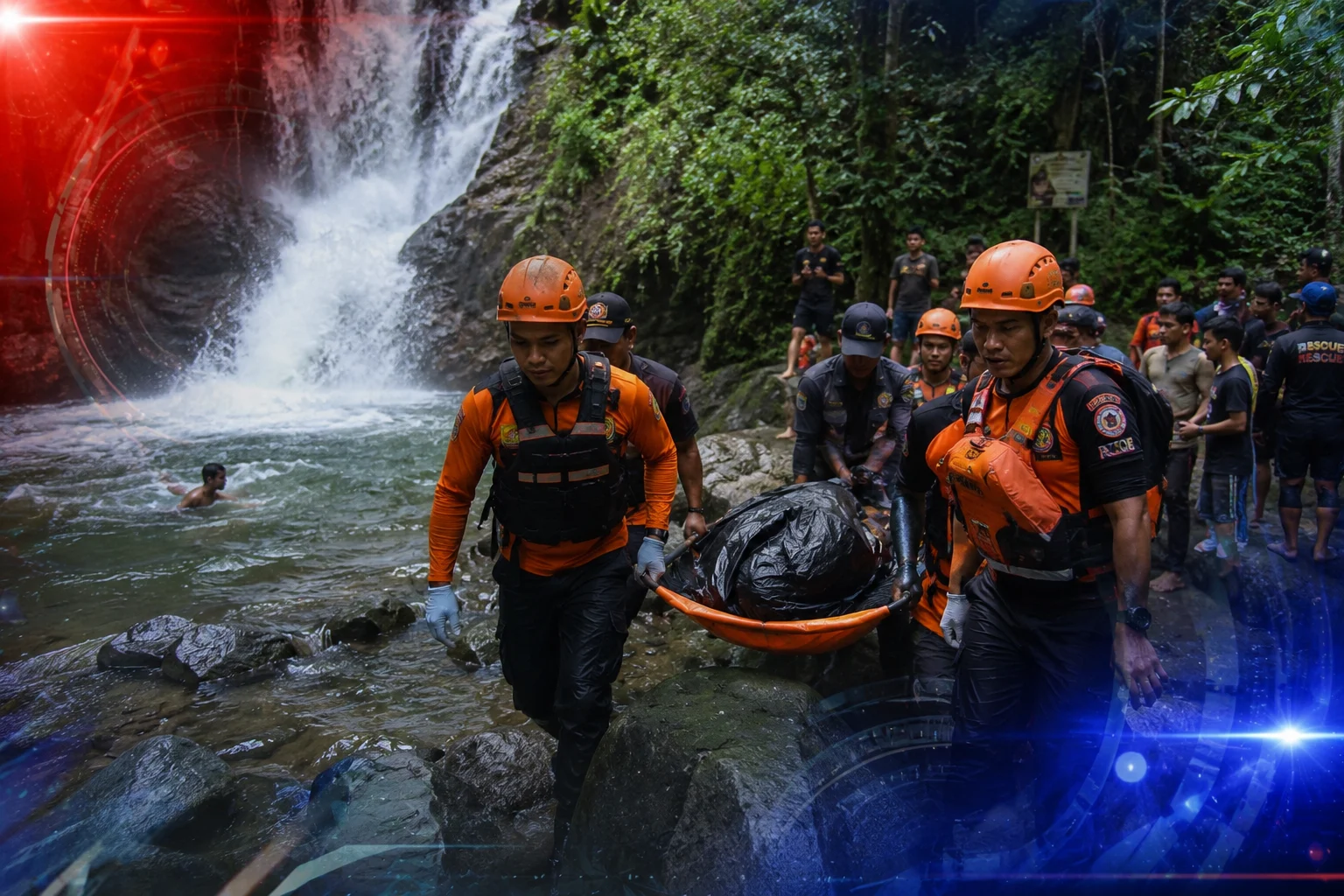 Tim evakuasi mengevakuasi korban yang tenggelam saat berenang di kawasan wisata Curug Ciparay, Kabupaten Bogor.