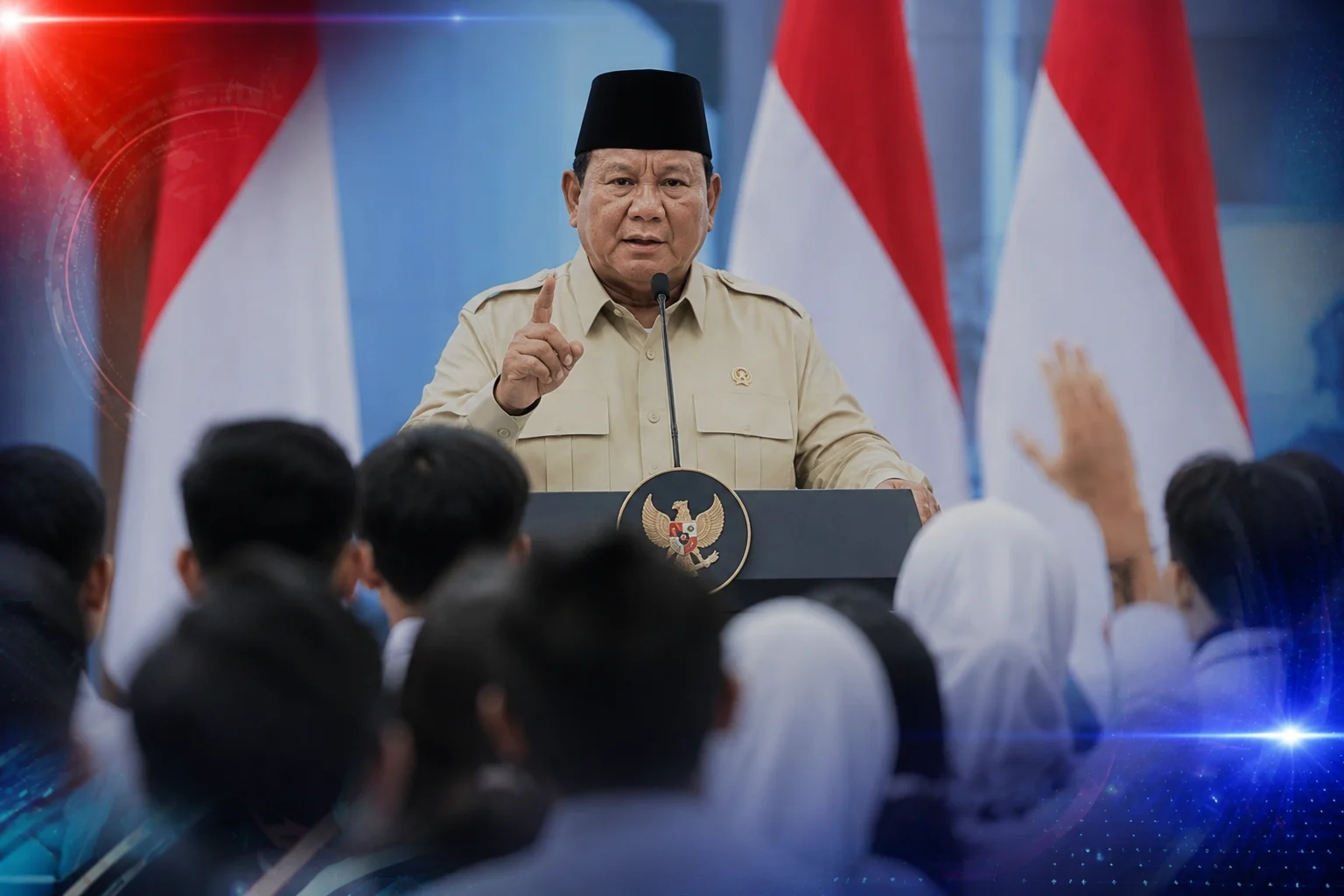 Presiden Prabowo Subianto memberikan pesan motivasi kepada para siswa agar membalas ejekan dengan sikap santun dan prestasi.