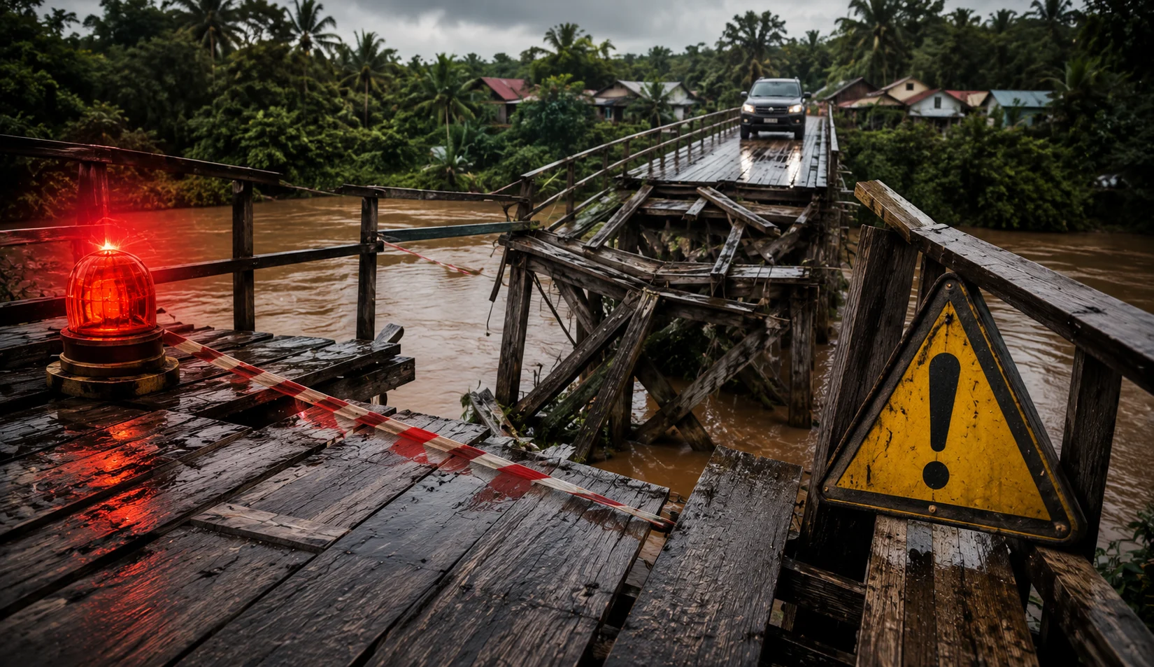 Kondisi Jembatan Nanga Jajang di Kecamatan Pengkadan yang mengalami kerusakan parah dan membahayakan pengguna jalan