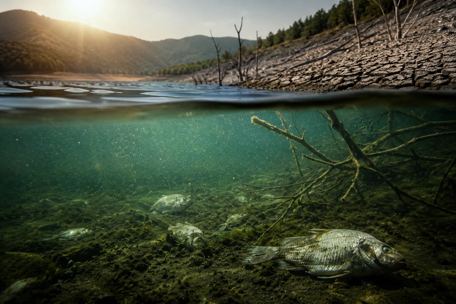 Ilustrasi danau dengan ekosistem air tawar yang terancam akibat penurunan kadar oksigen karena dampak pemanasan global.