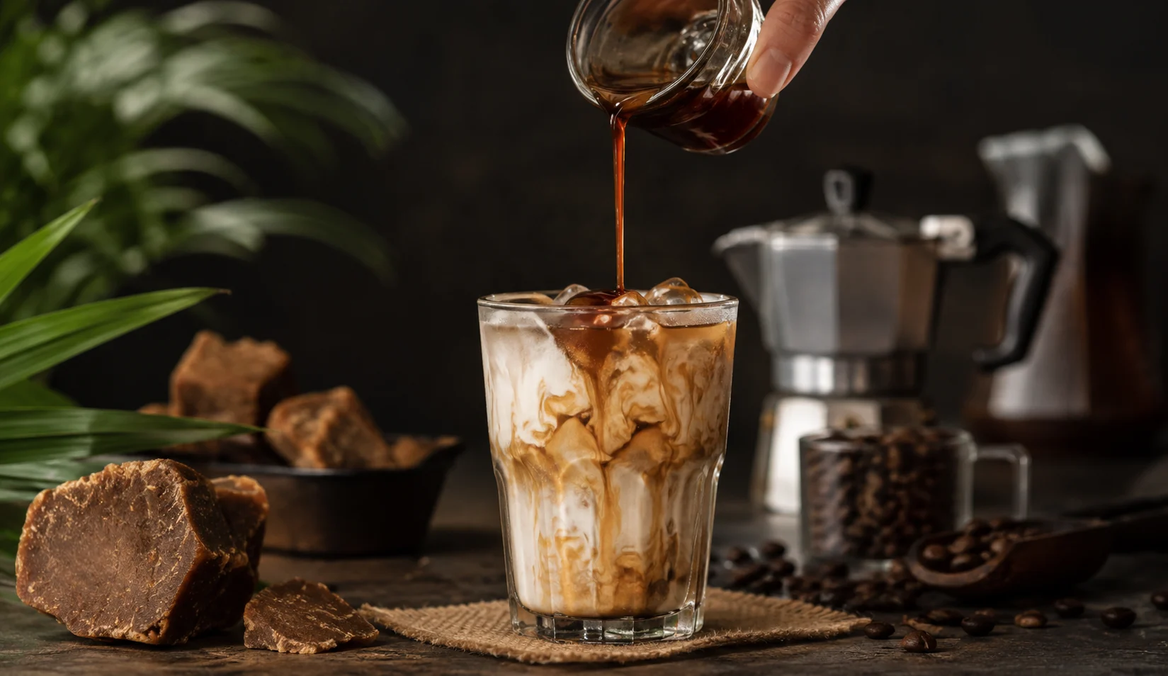 Segelas es kopi susu gula aren dengan lapisan susu dan kopi yang berpadu dengan manisnya gula aren alami.