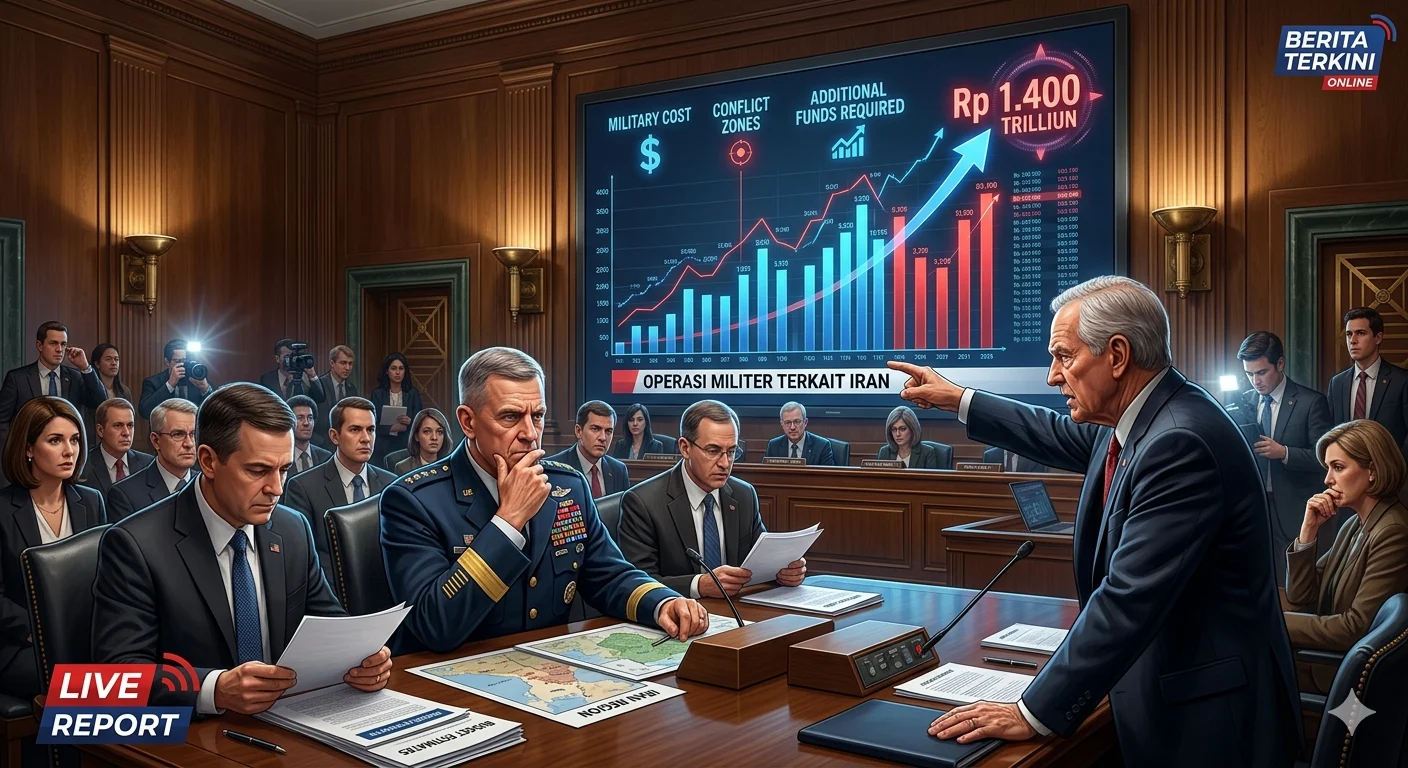 Ilustrasi kapal perang dan jet tempur Amerika Serikat dalam operasi militer di Timur Tengah.