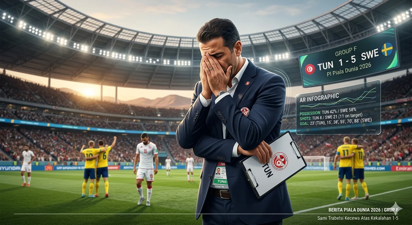 Pelatih Tunisia Sami Trabelsi memberikan instruksi saat laga melawan Swedia di Piala Dunia 2026.