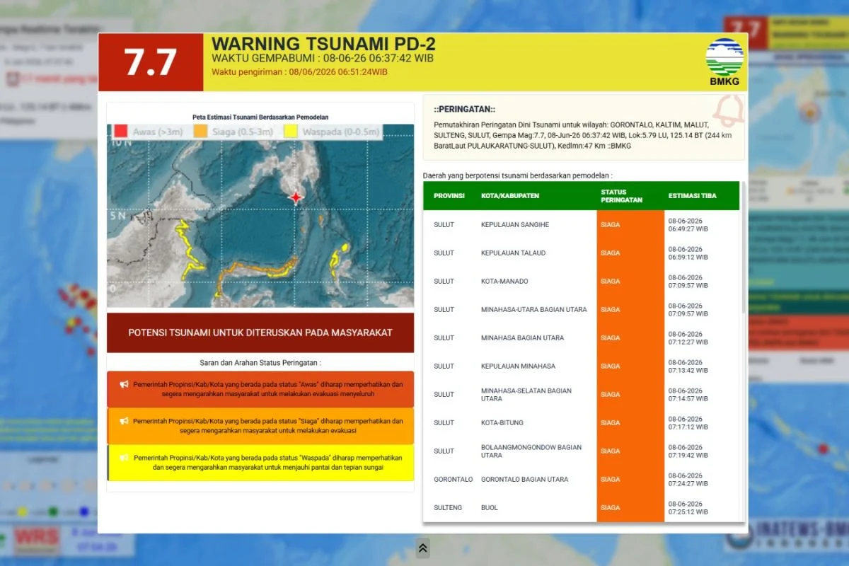 Peta peringatan dini tsunami BMKG yang menunjukkan sejumlah wilayah Sulawesi Utara berstatus siaga setelah gempa besar di Filipina.