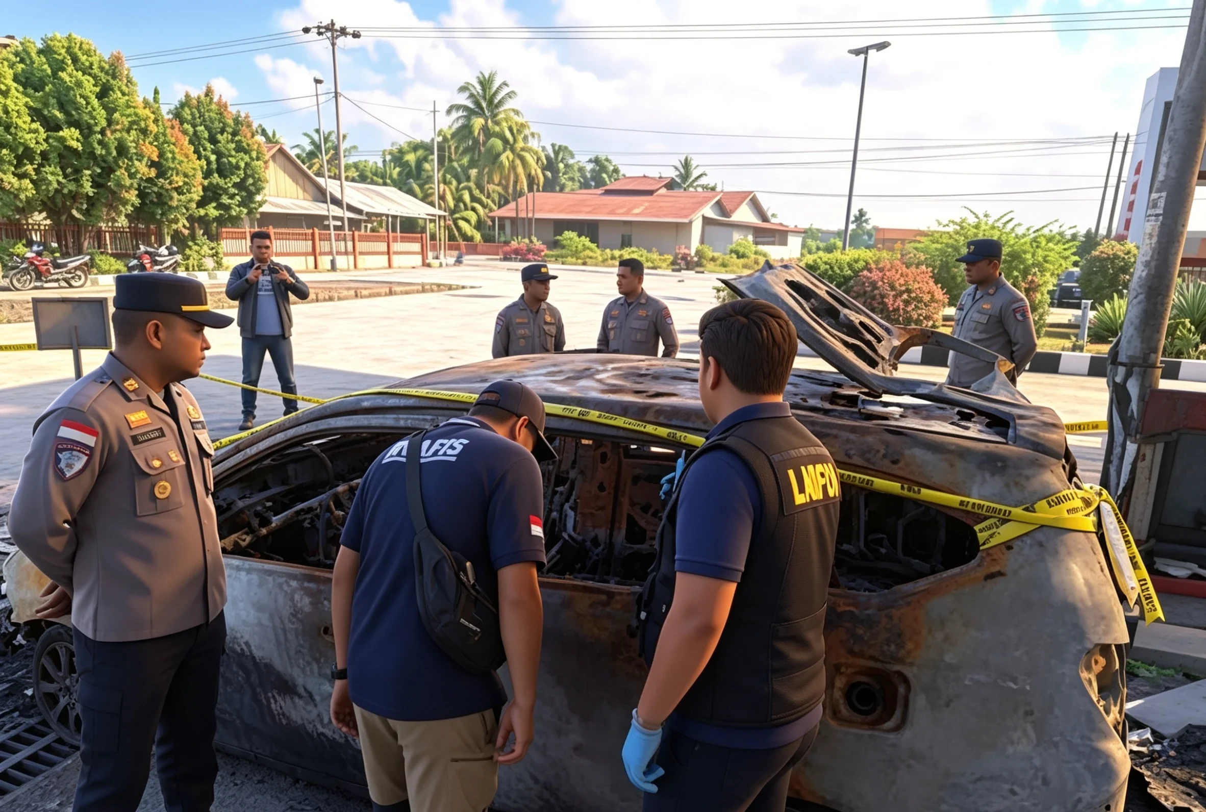 Tim Laboratorium Forensik saat memeriksa dispenser Pertalite di lokasi kejadian ketika Labfor Polda Kalbar turun tangan selidiki penyebab kebakaran mobil di SPBU Semparuk Sambas