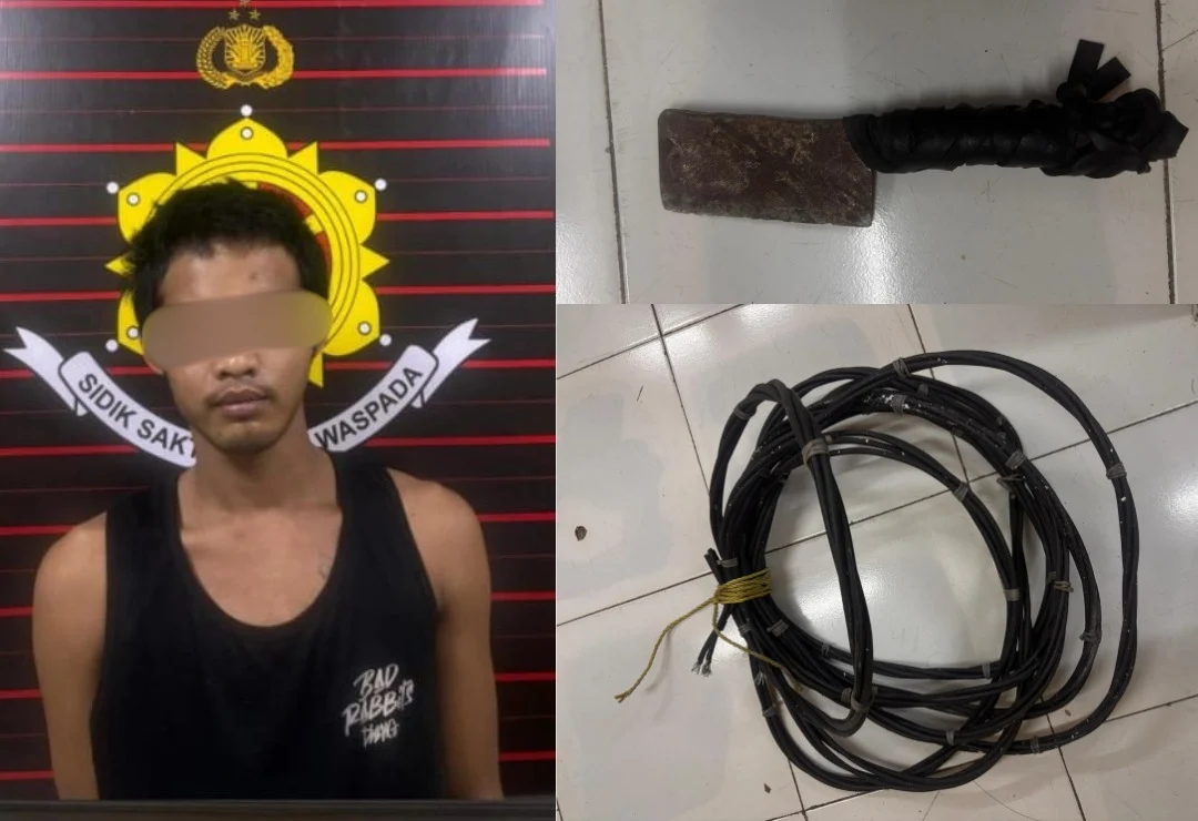 Tersangka saat Polres Kubu Raya tangkap pelaku pencurian kabel Telkomsel beserta barang bukti alat potong yang digunakan saat beraksi.