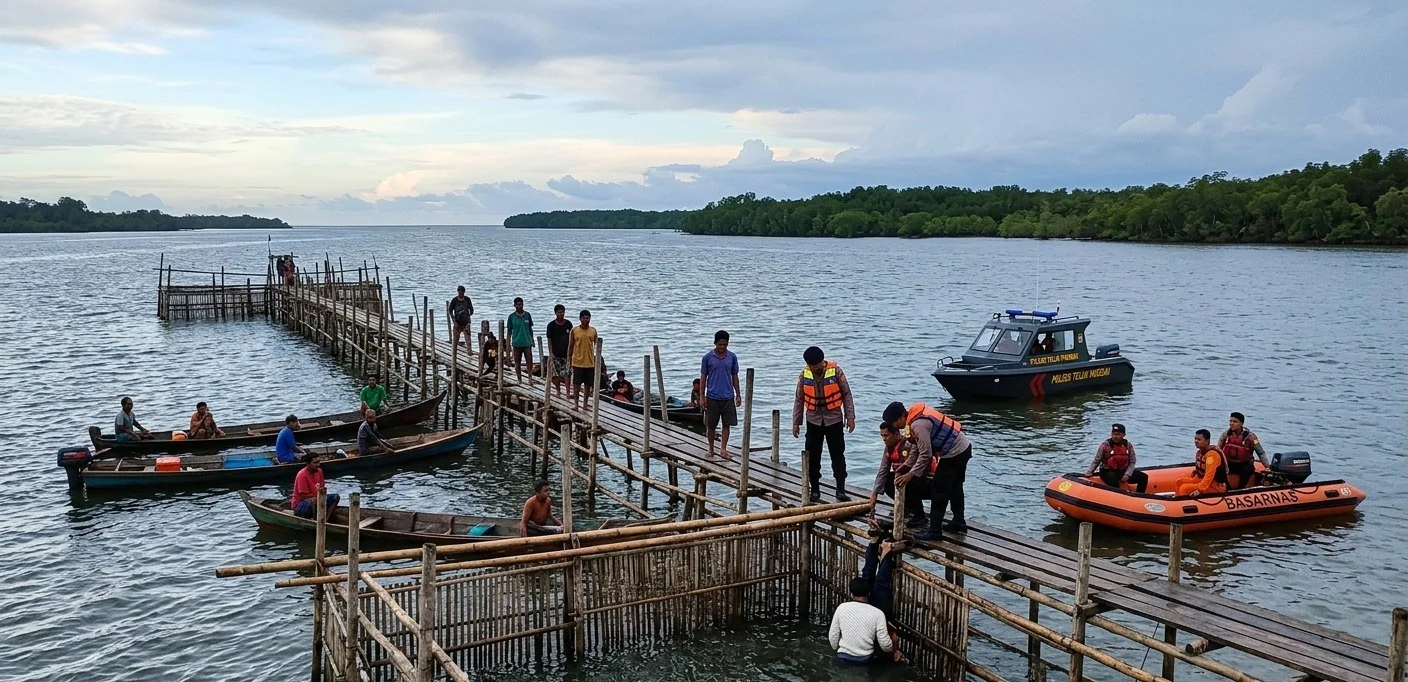 Tim SAR gabungan saat mengevakuasi jenazah korban setelah pemancing hilang di Teluk Pakedai ditemukan di perairan Kubu Raya