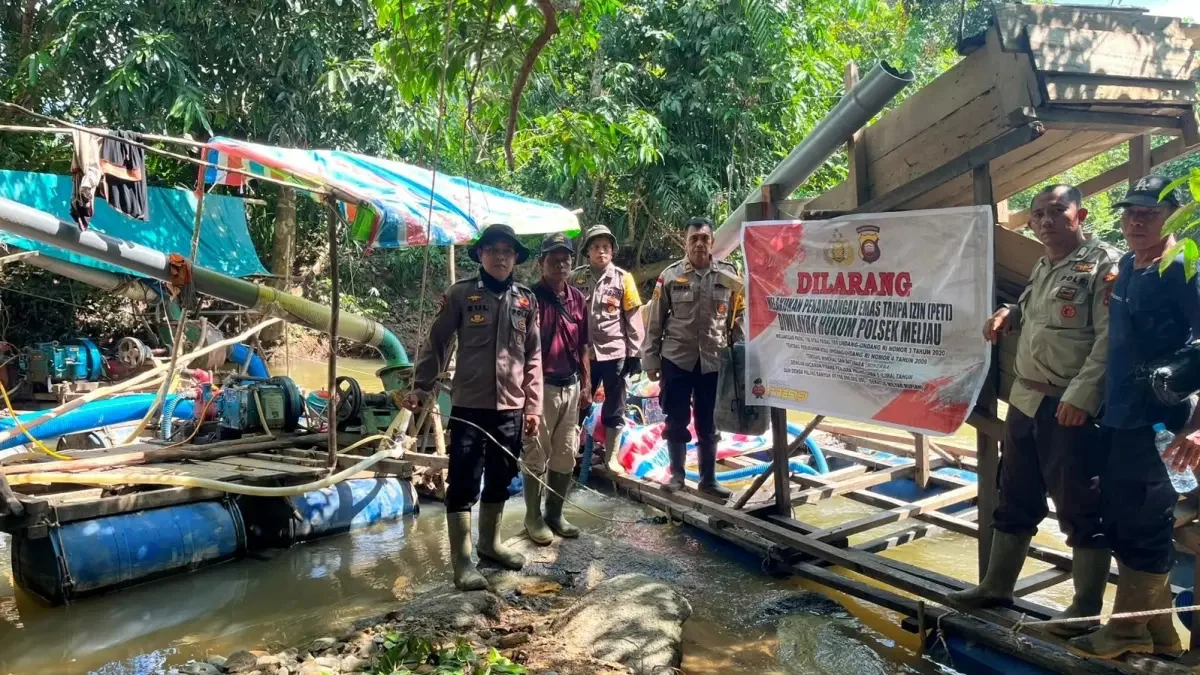 Personel kepolisian yang dipimpin IPTU Supar saat memasang banner larangan PETI di Dusun Tapang Selendang ketika Polsek Meliau intensifkan pencegahan tambang ilegal