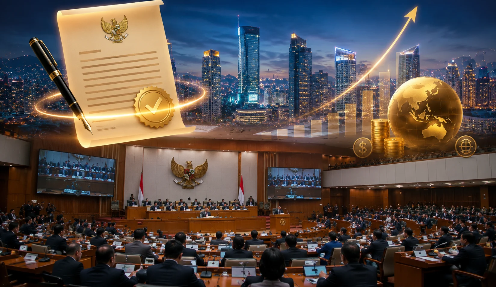 Ilustrasi kawasan pusat keuangan modern sebagai simbol Pusat Finansial Internasional Indonesia.