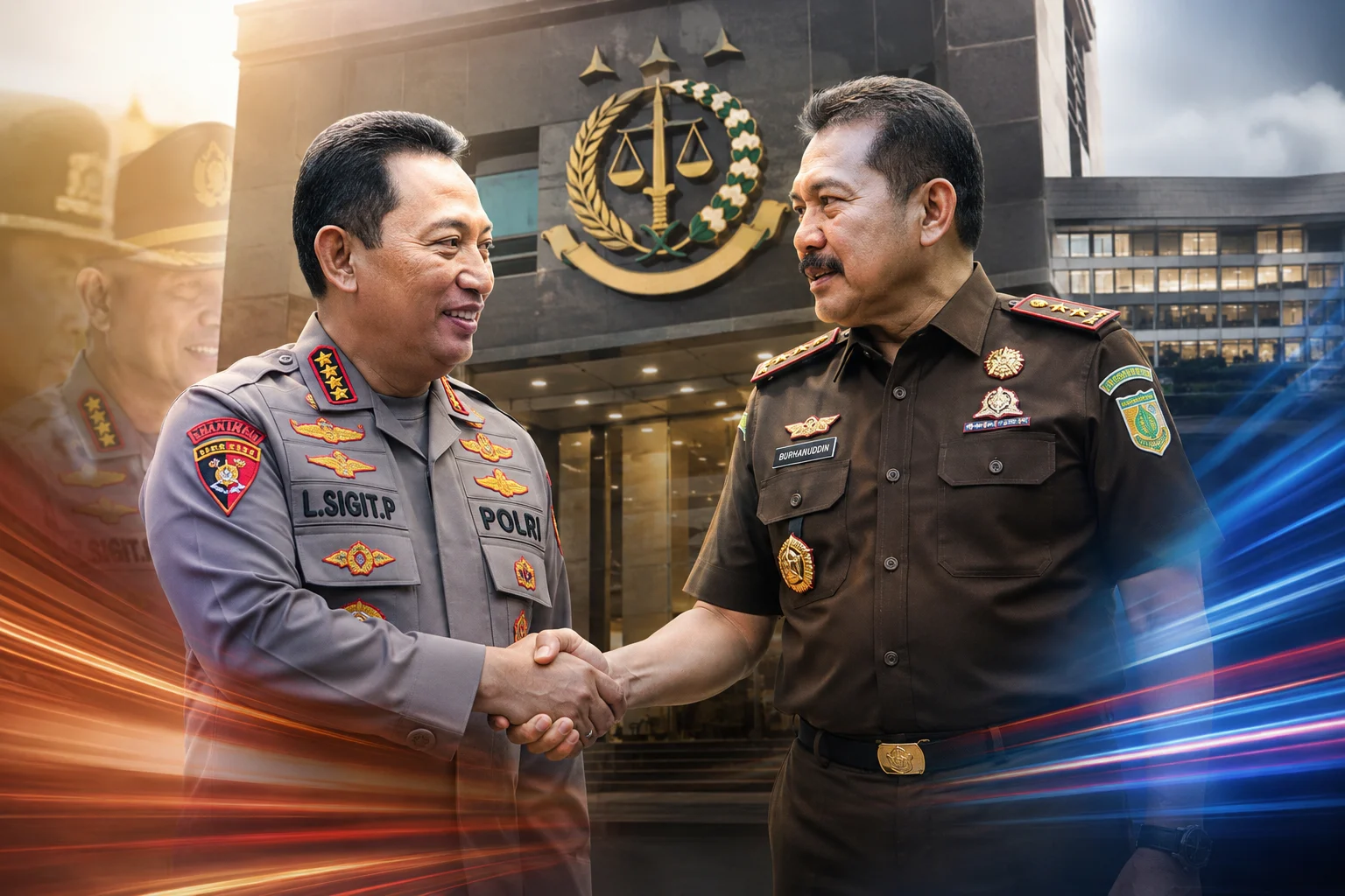 Kapolri Listyo Sigit Prabowo dan Jaksa Agung ST Burhanuddin berjabat tangan usai pertemuan di Kejaksaan Agung.