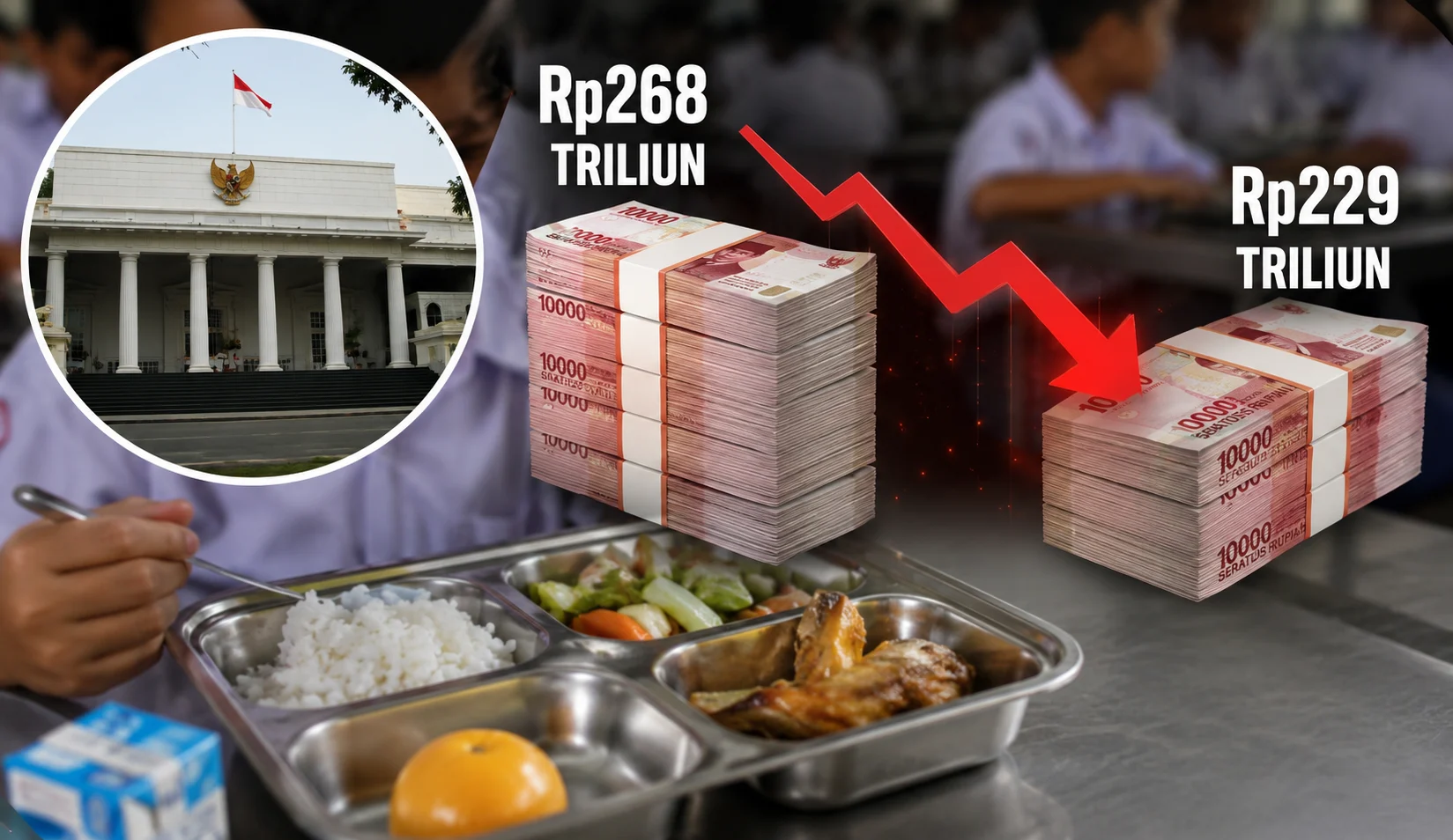 Ilustrasi makanan bergizi gratis dengan infografik penyesuaian anggaran pemerintah.