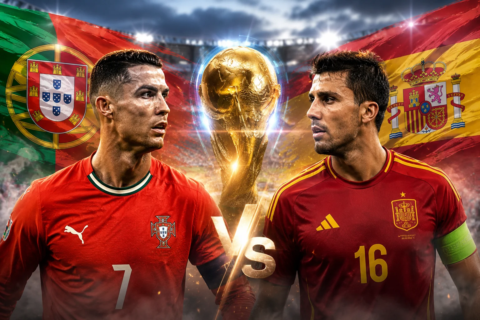 Pemain Portugal dan Spanyol dalam ilustrasi jelang semifinal Piala Dunia 2026.